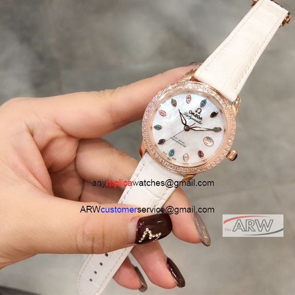 Omega Ladymatic Copy Watch White MOP Dial Diamond Bezel